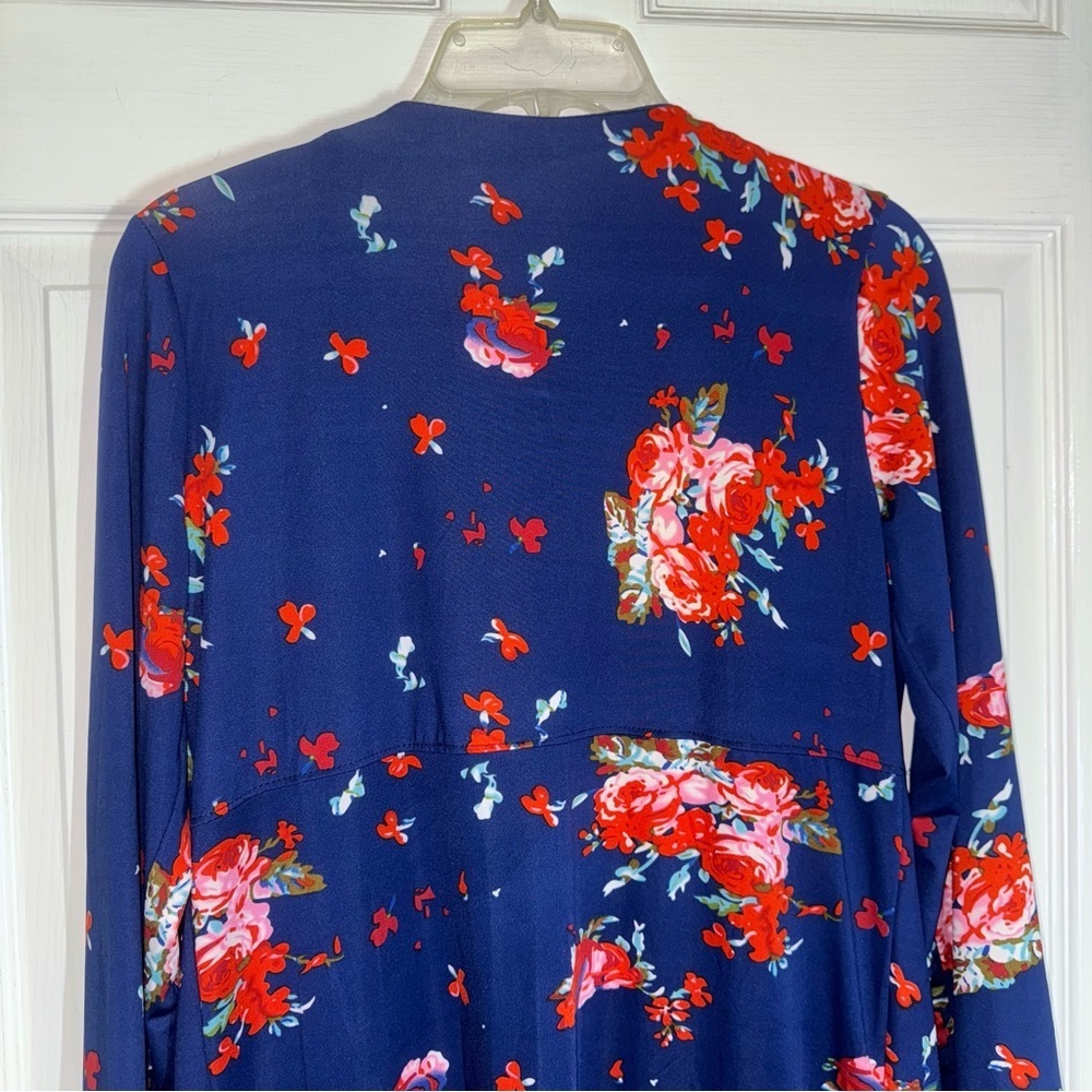 Navy Blue Floral Open Front Long Sleeve Cardigan - Picture 8 of 14